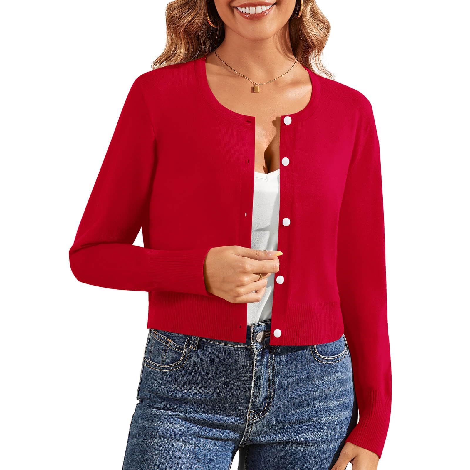 Photo 1 of Cardigan Sweaters for Women Long Sleeve Button Down Open Front Bolero Shrugs for Dresses Red M
