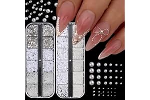 FSpronail Pearl 3D Nail Charms Rhinestone Silver Beads Multi Design 2Boxes,White Semicircle Pearls Jewelry Silvery Steel Ball Mixed Sizes Nails Decoration,Flatback Diamond Gems Women DIY Nail Ornament