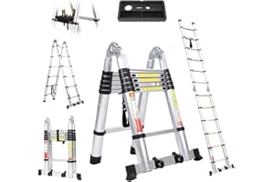 DAJIANGLX 12.5FT Telescoping A Frame Ladder, 2-in-1 Extension Ladder, Multi-Purpose Aluminum Telescopic Ladders with Ladder Stabilizer Wheels, Folding Foldable Extendable Ladder for Home Homeuse RV Attic Roof