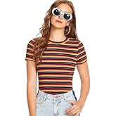 Milumia Women's Casual Multi Striped Ribbed Short Sleeve Solid Tee Knit Top