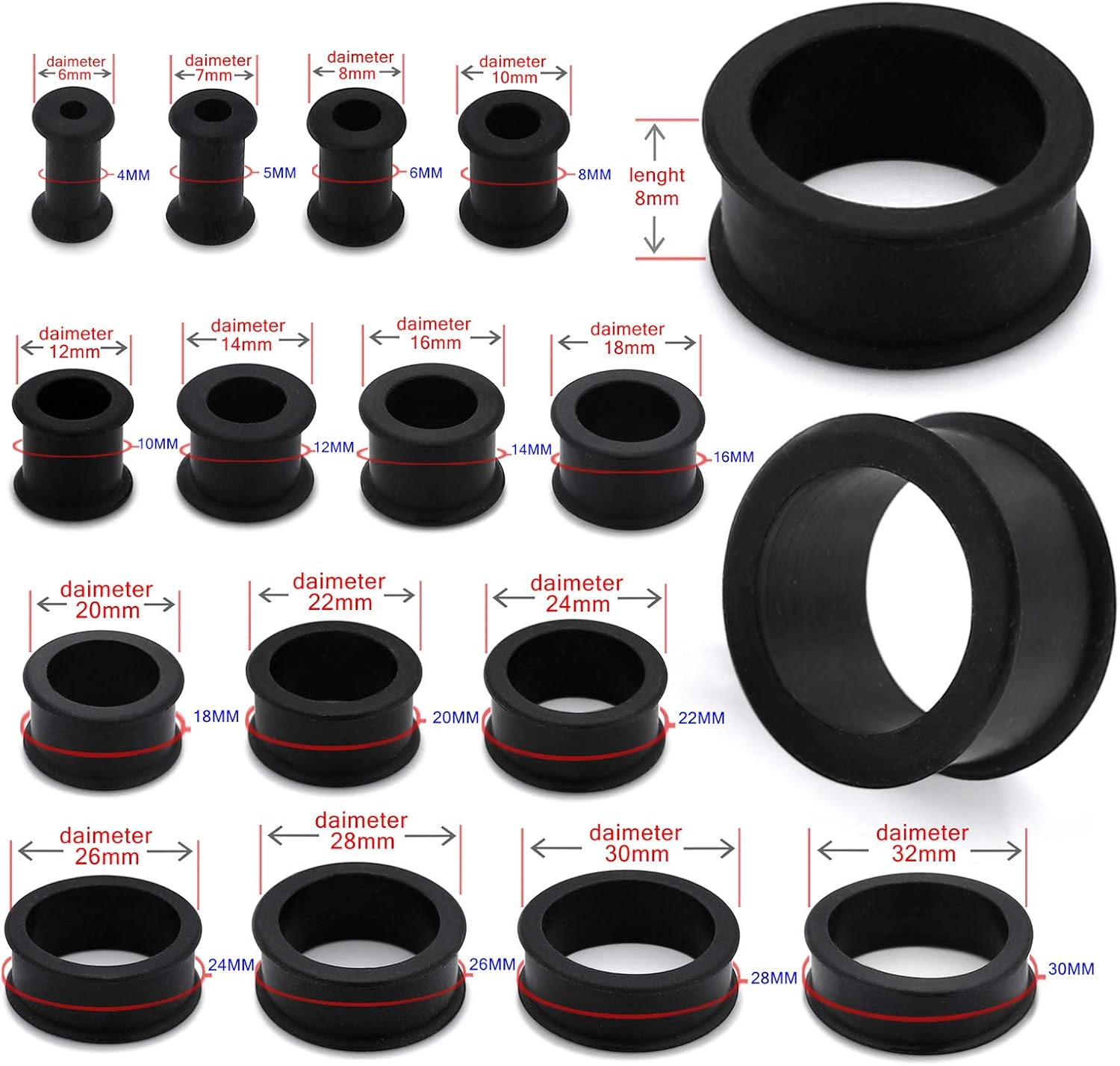 AZARIO London 12MM Black Silicone Double Flared Tunnel Ear Plug Piercing Jewellery - Sold by Piece - Image 4