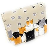 Shag Wear Kitty Crowd Small Wallet Vegan Faux Leather Cat Design Compact Purse with Card Slots ID Window Bill Pocket Zippered Coin Section 4.5" Beige