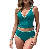 ZAFUL Womens Tankini Swimsuits Tummy Control Bathing Suits 2025 Two Piece Color Block Swim Suit with High Waisted Bottom (XX-Large, Green)
