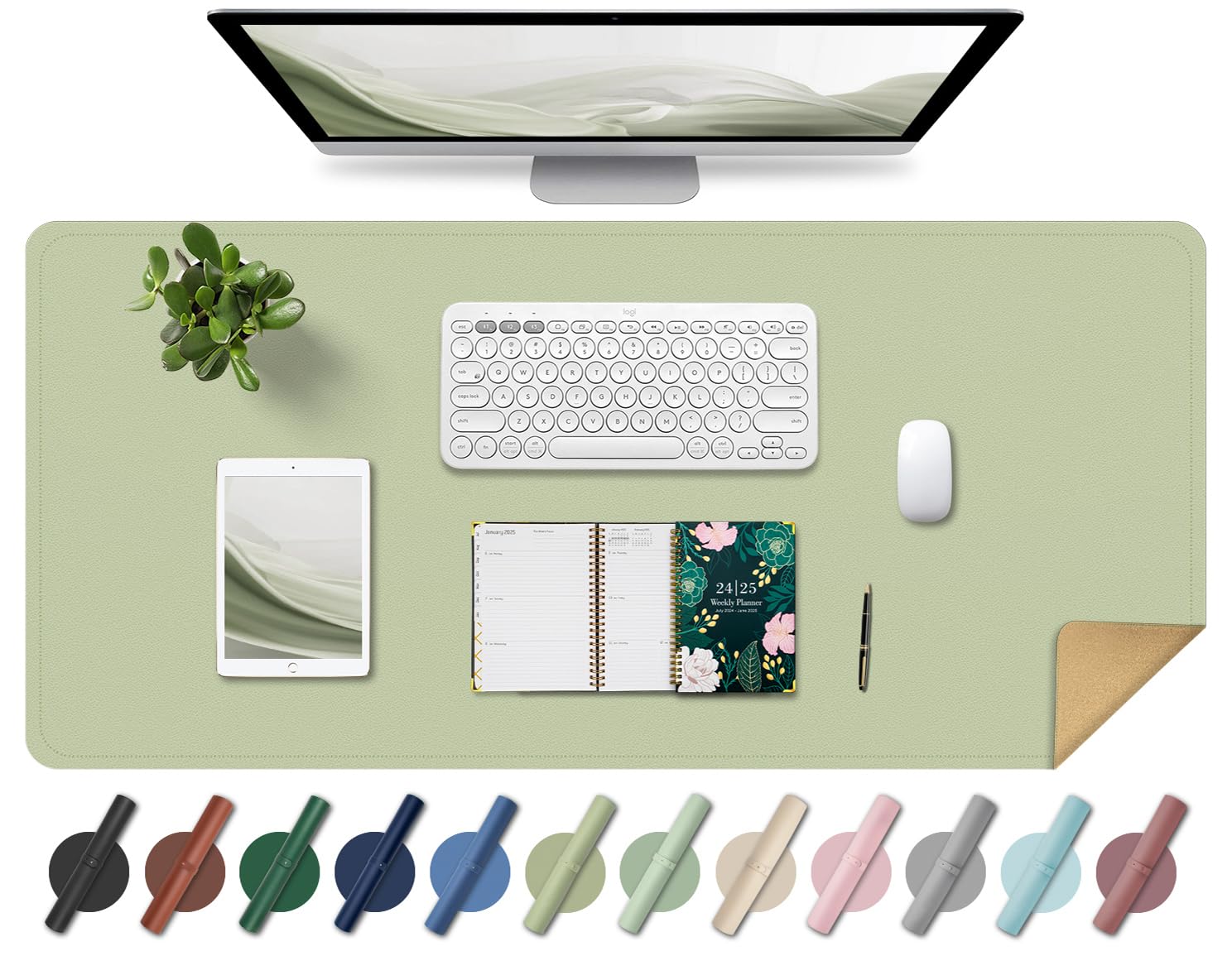 BLESWIN Leder-Schreibtischunterlage, Rutschfeste Große Mausunterlage, Computer- und Laptop-Matte, Schreibtisch-Schreibtischmatte für das Schreiben, Schreibtisch-Blotter-Pads Dekor (Matcha, 80x40CM)