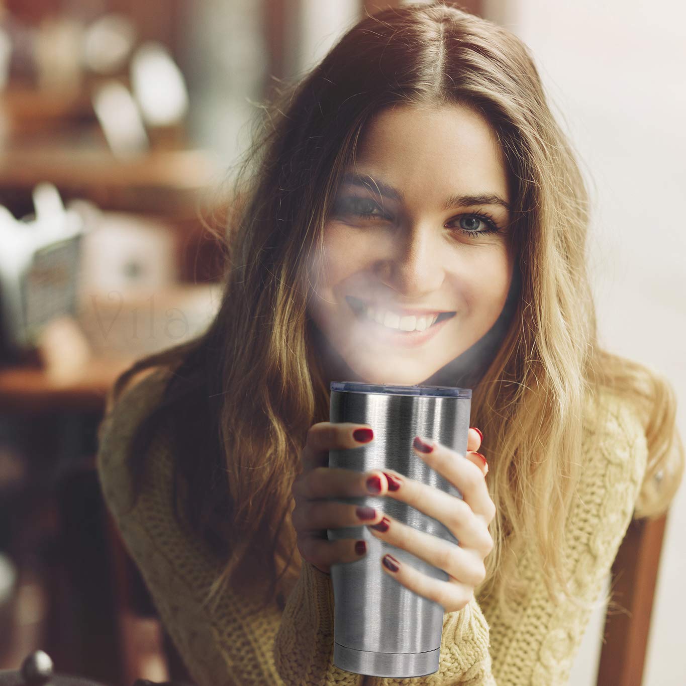 30oz Stainless Steel Travel Tumbler by Vila - BPA-free, double wall vacuum insulated - Tight transparent lid prevents spillage - Shatterproof, rustproof - Keeps Hot Drinks Hot and Cold Drinks Cold