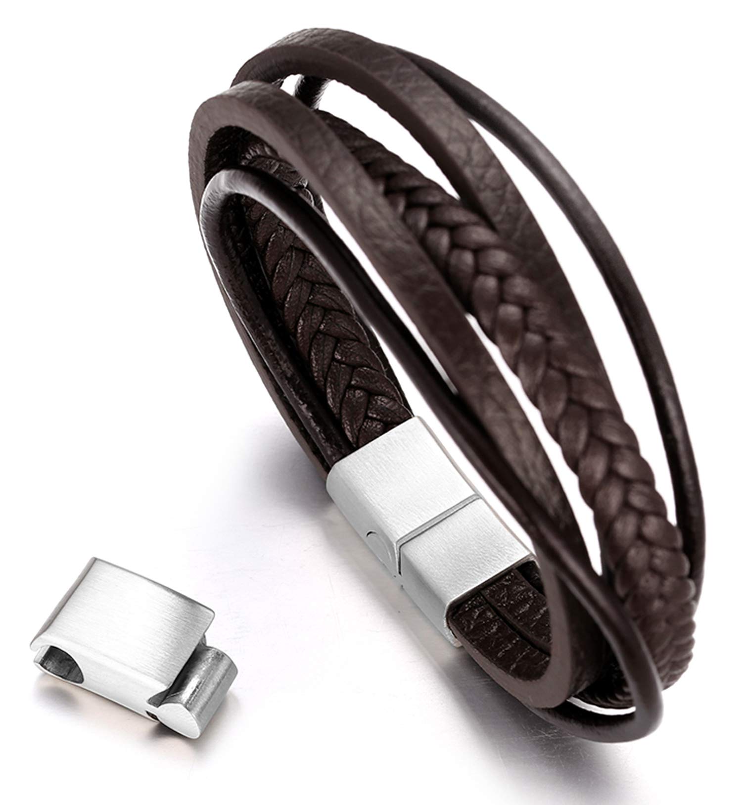 HALUKAKAH Plus ● Road Trip ● Men's Genuine Brown Leather Multilayer Bracelet Titanium Silver Magnetic Clasp Size Adjustable 8.5"-9"(22-23cm) with Free Giftbox