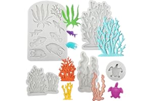 GEOGEODIY 5 PCS Marine Theme Fondant Silicone Mold Seaweed Sea Fish Coral Sea Turtle Shape DIY Handmade Baking Tools, For Theme Cake Cookie Chocolate Candy Decoration Fondant Polymer Clay