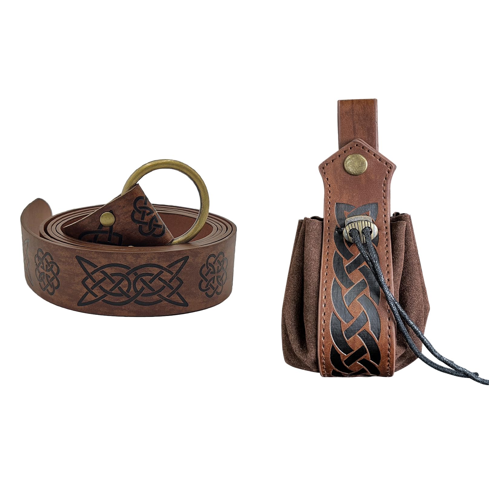 Medieval Viking Belt Faux Leather Pouch Set,Renaissance Embossing Knight Belt Drawstring Dice Bag,LARP Cosplay Halloween Accessories for Men Women (Style 1)