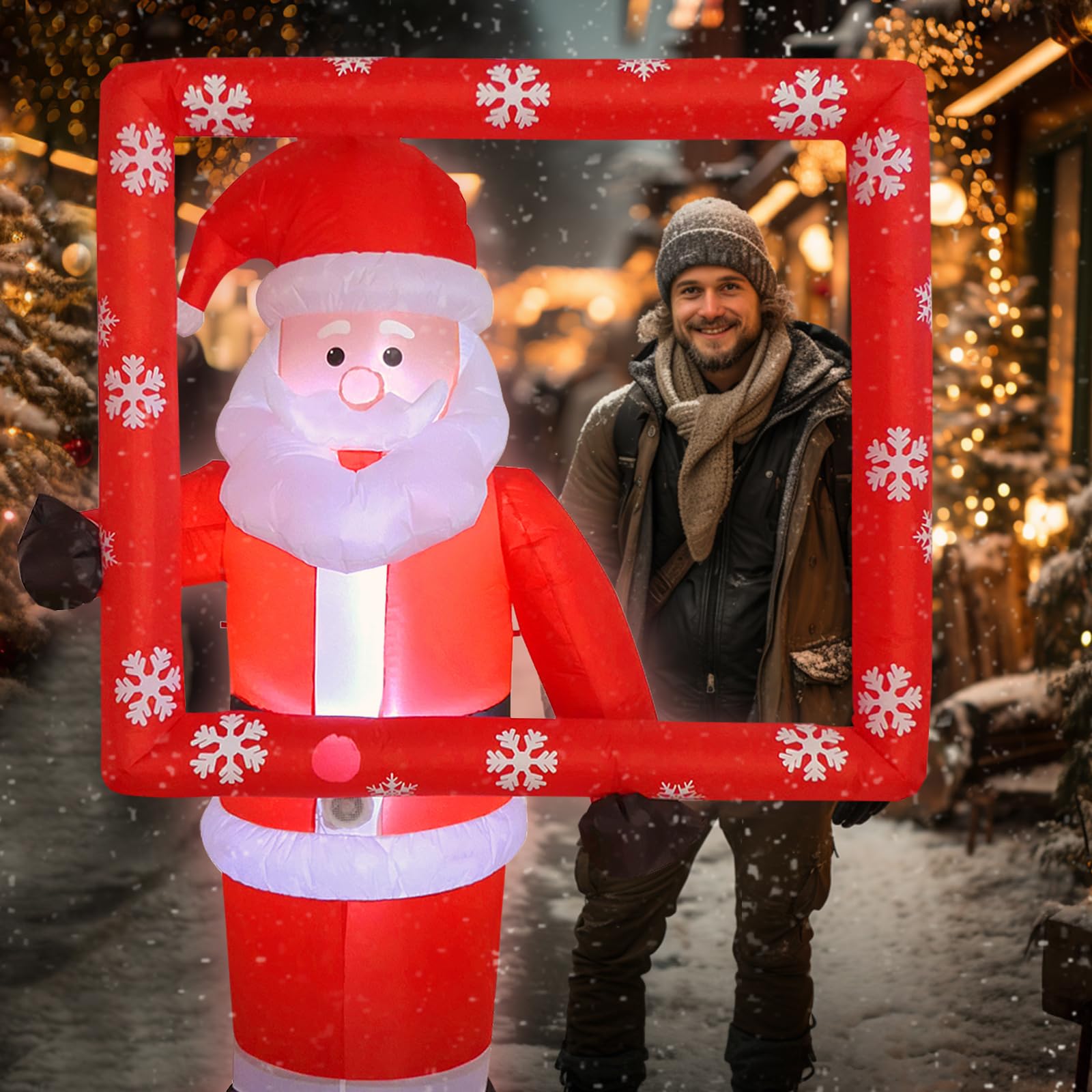 Photo 1 of 6 FT Christmas Inflatable Frame with Santa Claus, Blow Up Outdoor Decorations Built-in Human Body Induction Led Lights, Funny Xmas Photo Props Garden Yard Party Decor