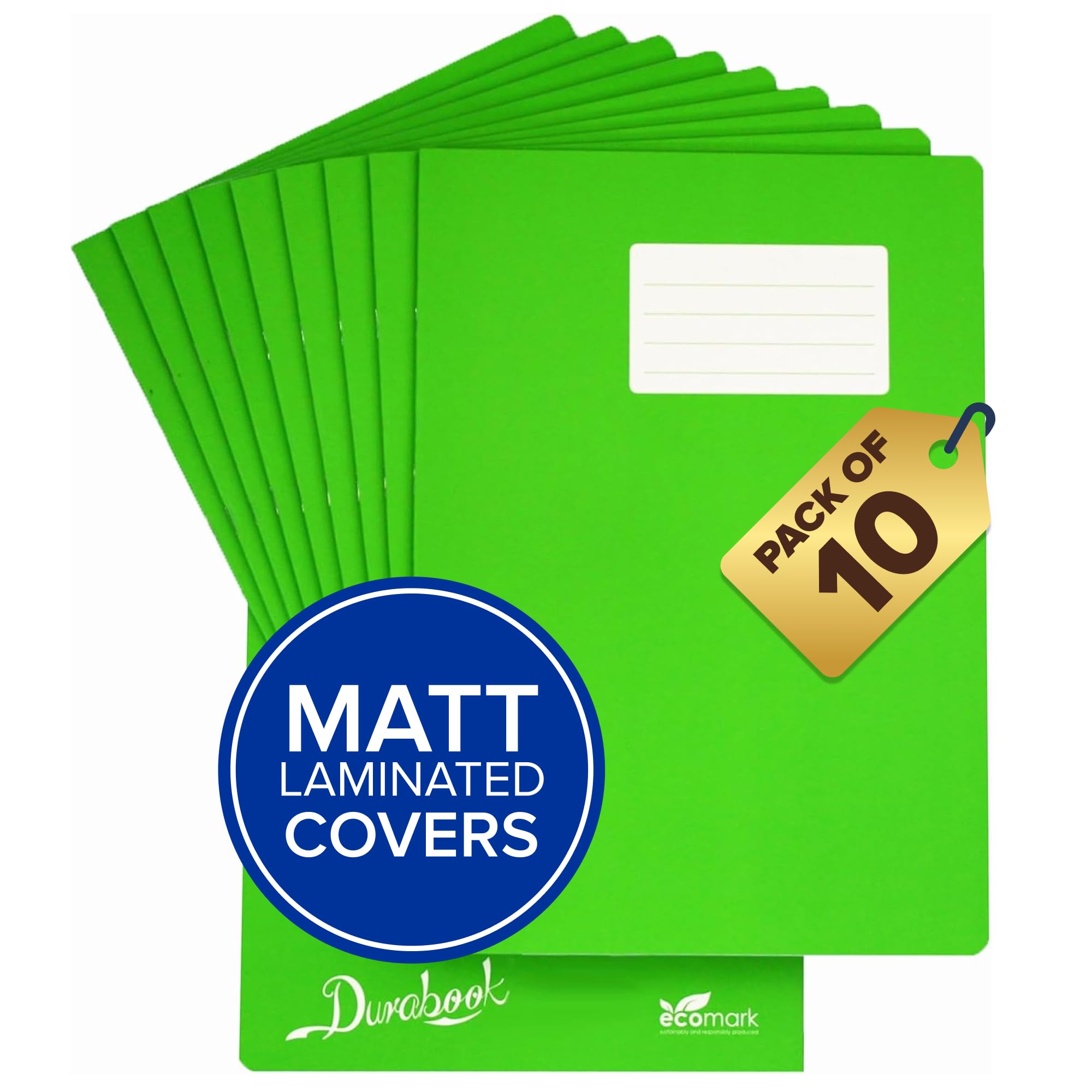 Durabook A4 8mm F&M Light Green Exercise Books Pack of 10, 80 Page School Exercise Book, Durable Matt Laminated Water-Resistant Cover, Ruled & Margin Notebook A4 Paper, Great Home & School Supplies
