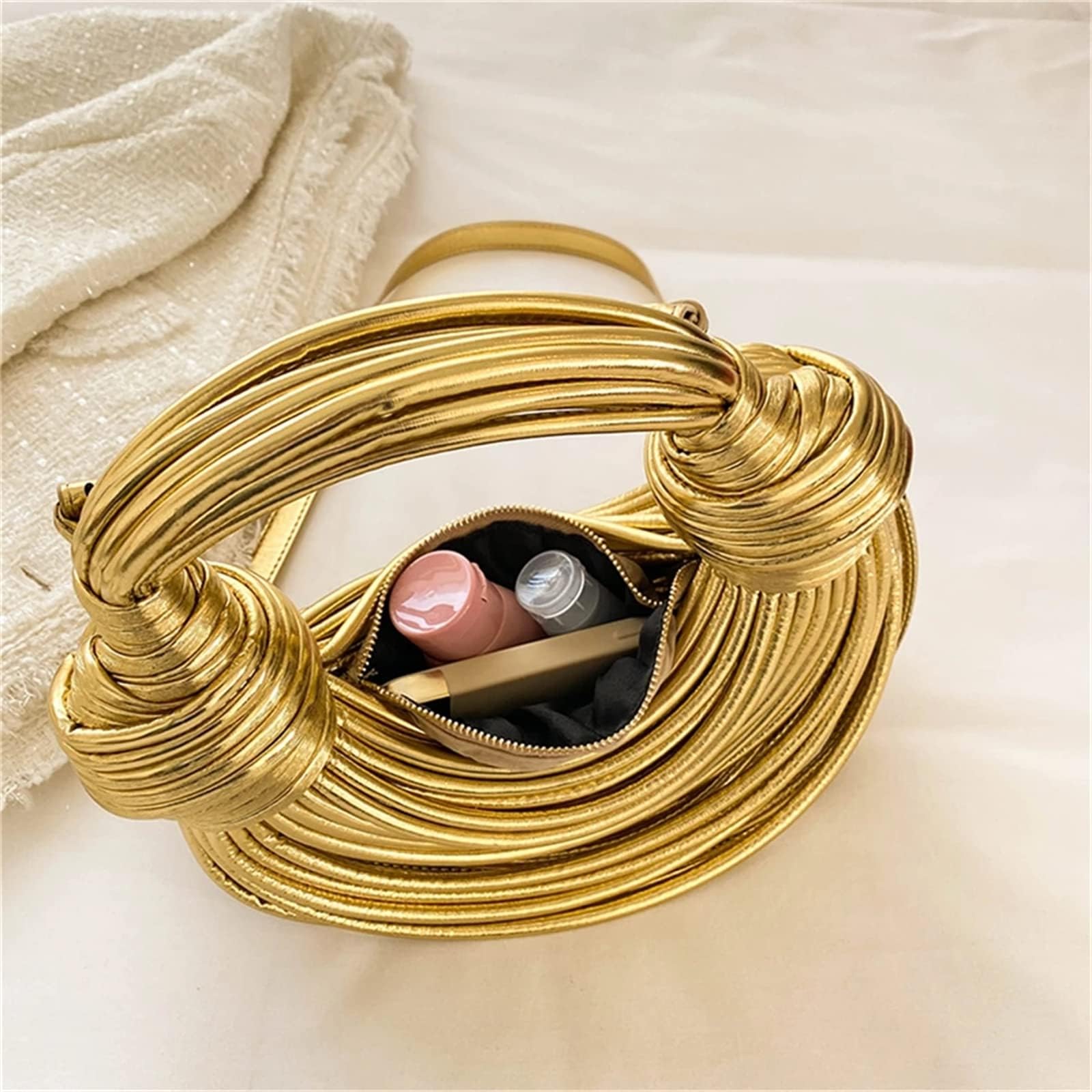 Gold Purse for Women, Woven Knotted Bread Crossbody Clutch Top Handle Creative Noodles Bag Underarm Shoulder Handbag