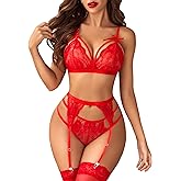 Avidlove Women Lingerie Set Lace Teddy Strap Babydoll Bodysuit with Garter Belts