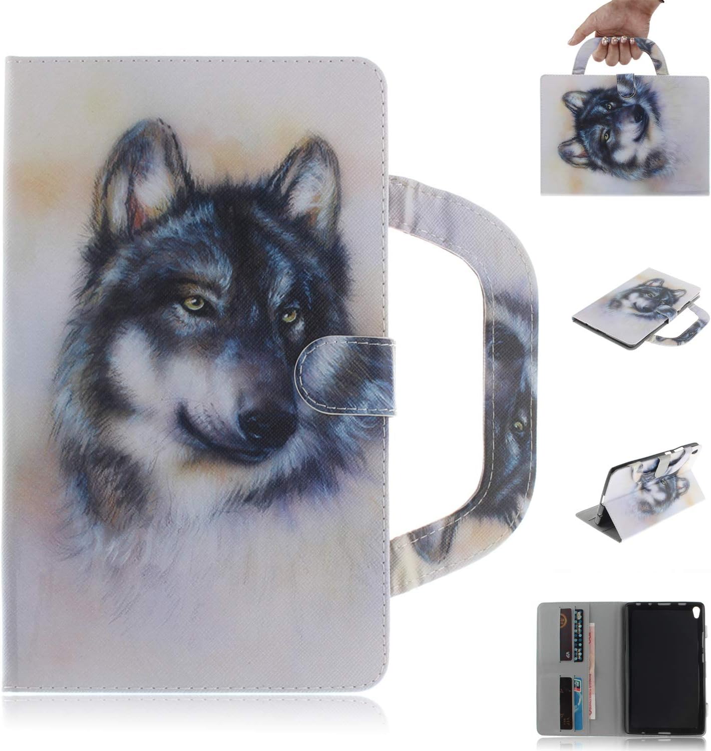 Tablet Case for Lenovo Tab 3 8 Plus (P8 TB-8703F), Candy House Wallet Case with Stand Portable [Handle] [Card Holder] Magnetic Closure Flip Cover (Wolf)