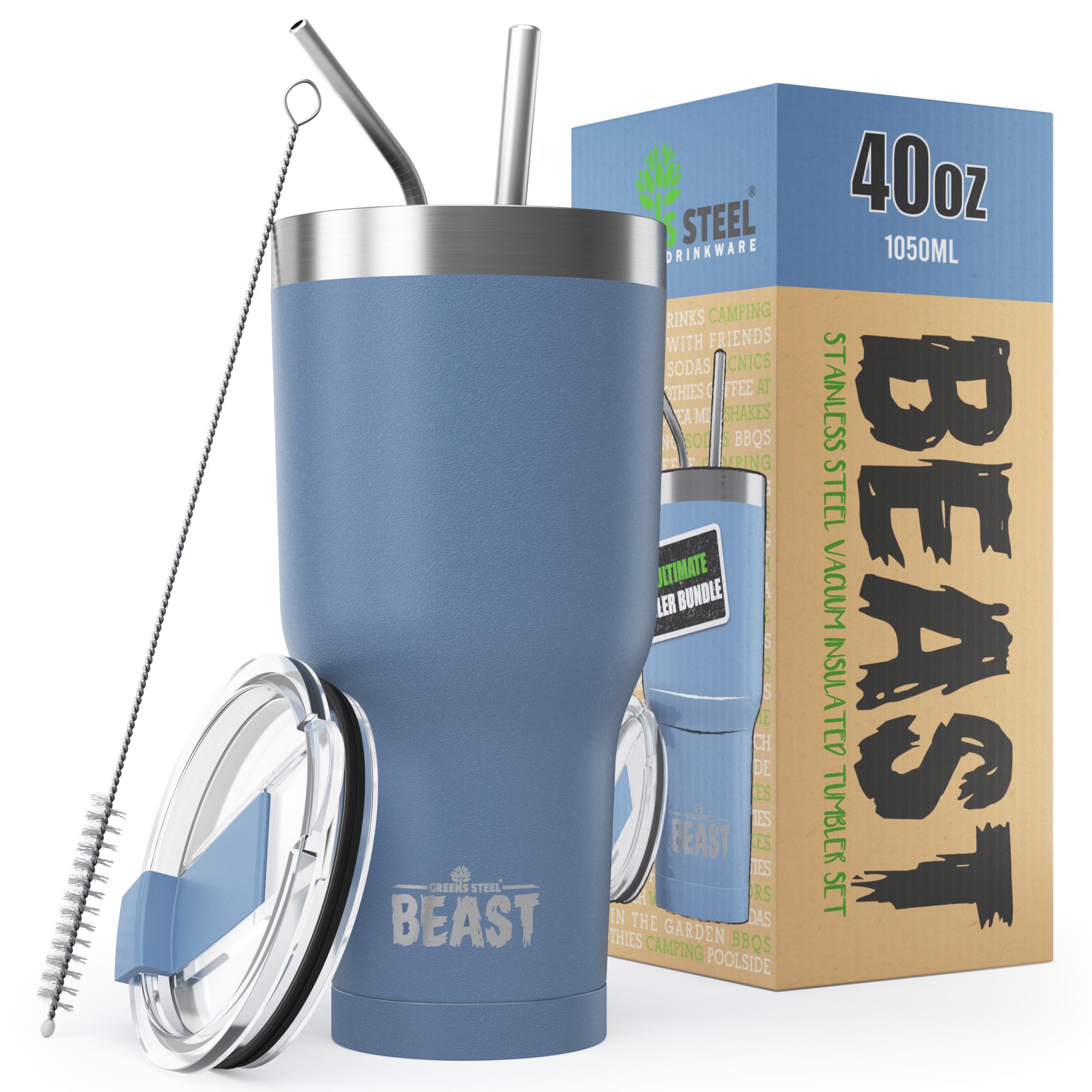Beast Tumbler - 1050 ml (40 oz), Blue | Reusable Stainless Steel, Vacuum Insulated Cup | with + 2 Straws & Cleaning Brush | Double Wall Travel Flask Perfect for Hot or Iced Coffee | BPA Free