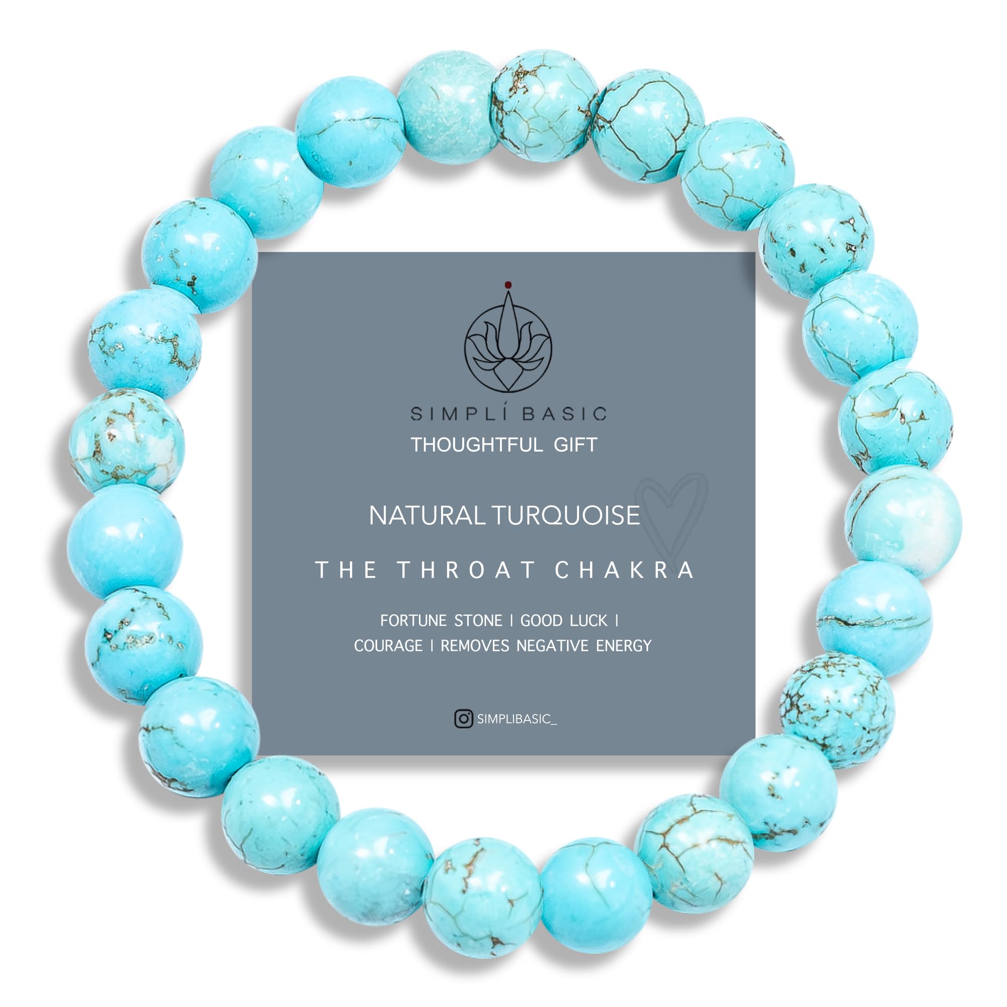 SIMPLÍ BASIC Natural Turquoise Healing Gemstone Bracelets 8mm Bead | Women & Mens Bracelets | Purification of The Heart | Evil Eye Beads | Removes Negative Energy | Everyday Jewellery | Inc Gift Box