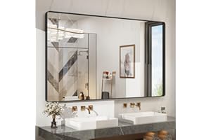 VANLIO 55x36 Inch Black Framed Bathroom Mirror for Wall, Large Matte Metal Framed Wall Mirror, Rounded Corner Rectangle Modern Vanity Mirror, Tempered Glass, Anti-Rust, Shatterproof (Horizontal/Vertical)