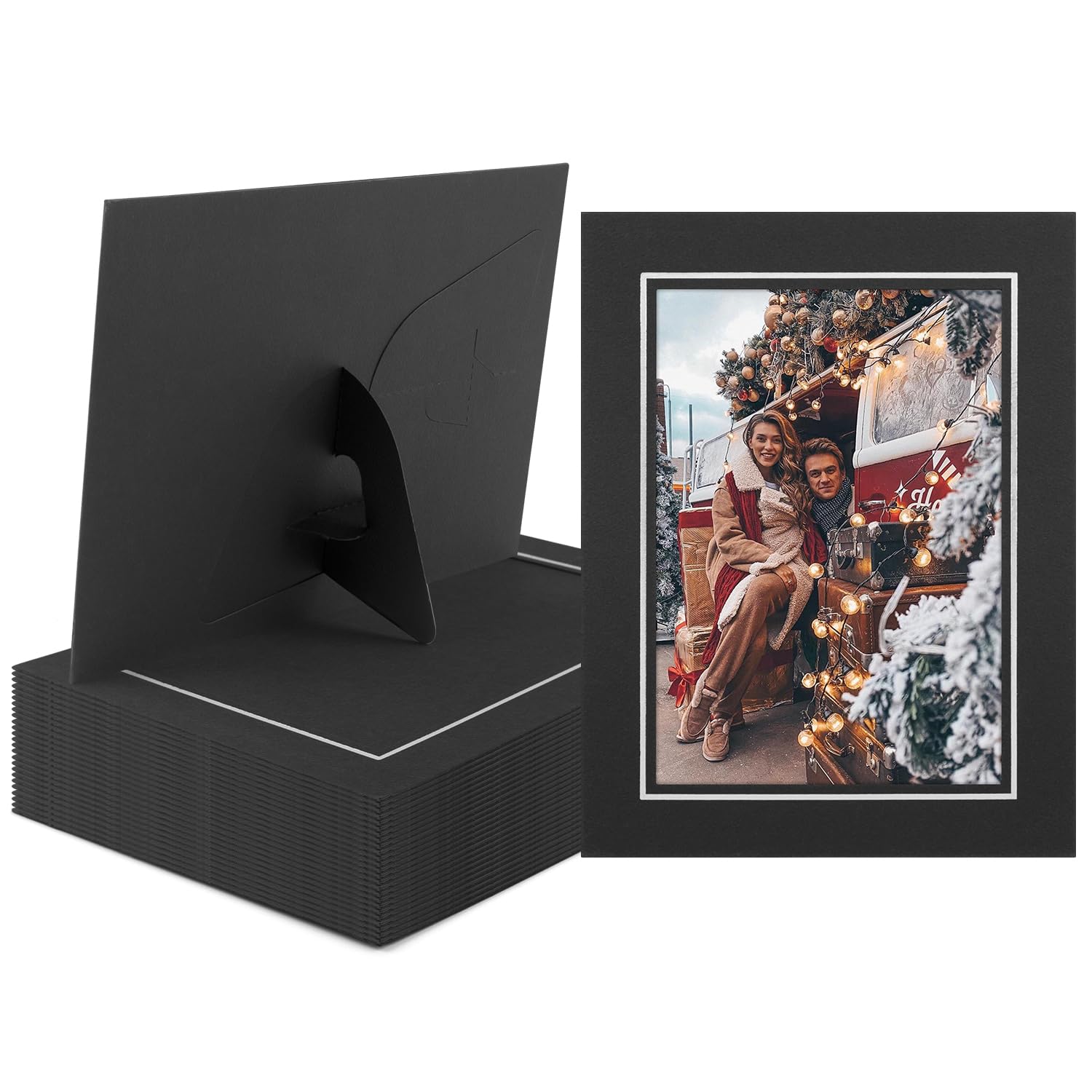 Golden State Art, Pack Of 25, 5X7 Paper Picture Frames With Easel, Photo Frame Cards, Diy Cardboard (Black Silver Lining)