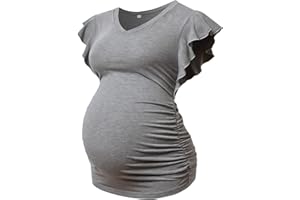 MOMOOD Maternity Pregnancy V Neck Fly Short Sleeve Stylish T Shirt Pregnant Side Ruched Top Shirt
