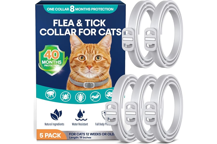 Flea and Tick Collar for Cats 5 Pack, 8 Months Protection, Plant-Based Ingredients, Water-Resistant, Adjustable & Lightweight, Suitable for Adult Cats & Kittens, White