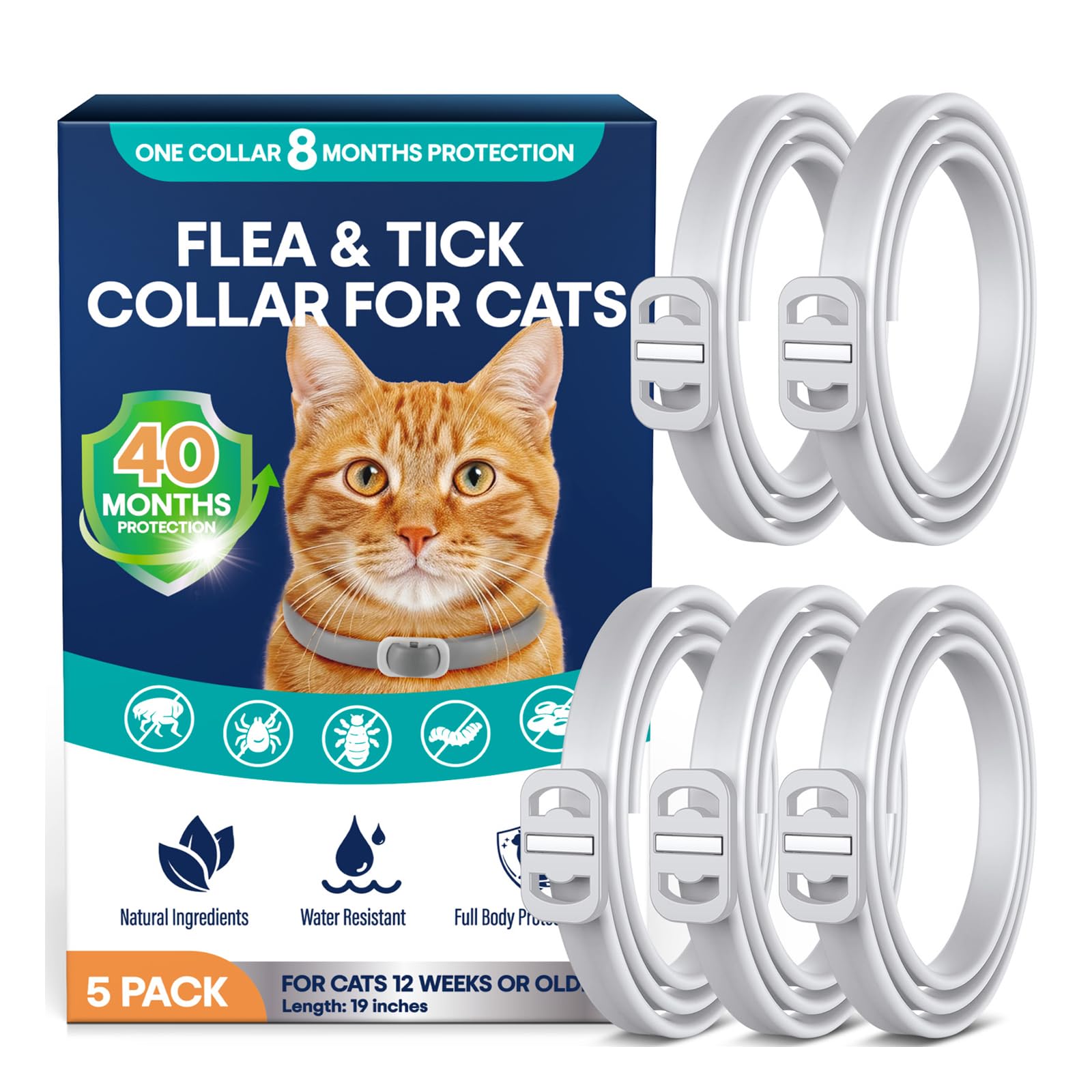 Flea and Tick Collar for Cats 5 Pack, 8 Months Protection, Plant-Based Ingredients, Water-Resistant, Adjustable & Lightweight