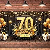 Happy 70th Birthday Decoration Banner for Men Women Black Gold 70th Birthday Banner Backdrop for 70th Birthday Party Supplies