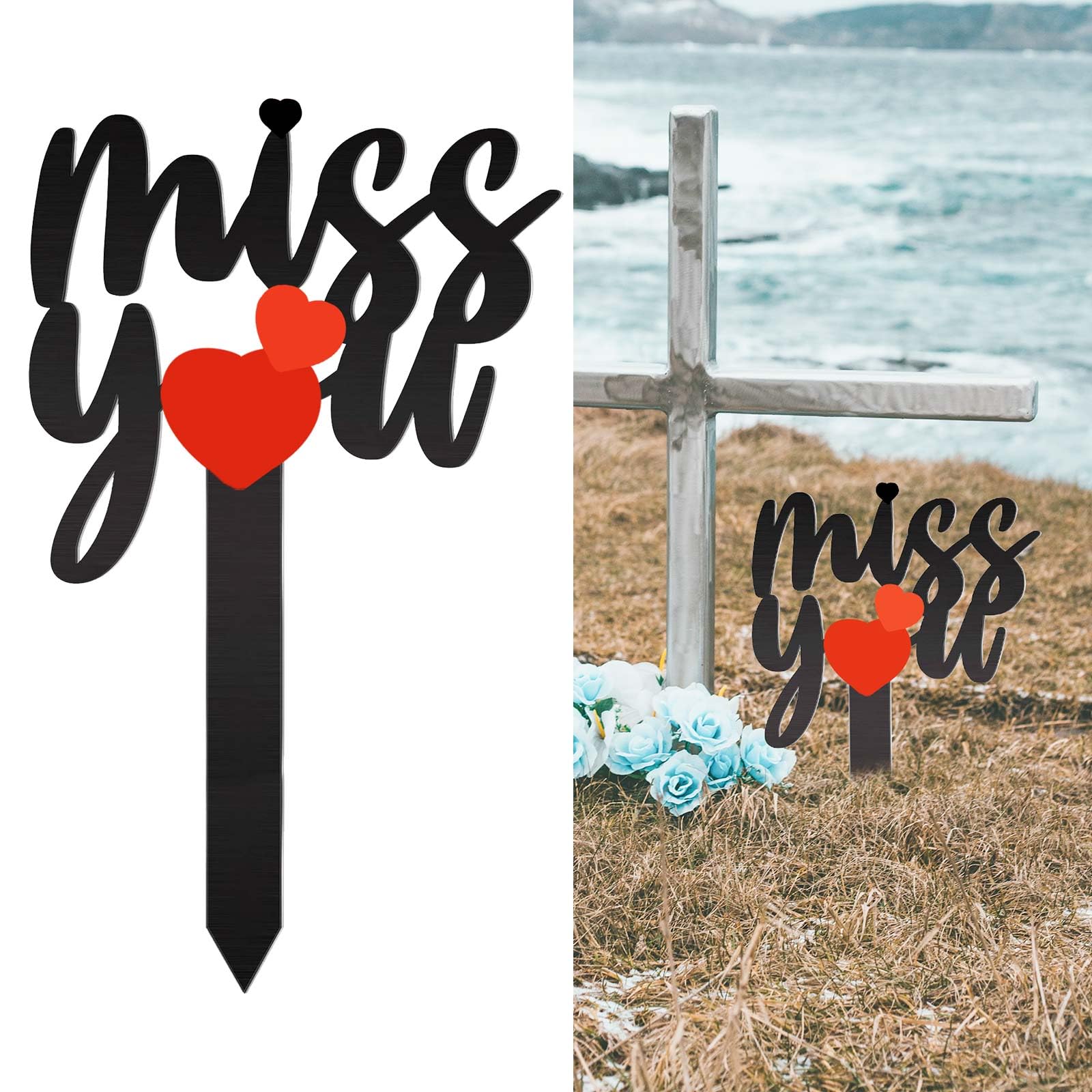 Miss You Memorial Grave Markers, Cemetery Decorations for Grave, Metal Memorial Remembrance Stake, Grave Markers for Human Cemetery, Garden Yard Grave Site Outdoor Stake - 35 × 20 cm