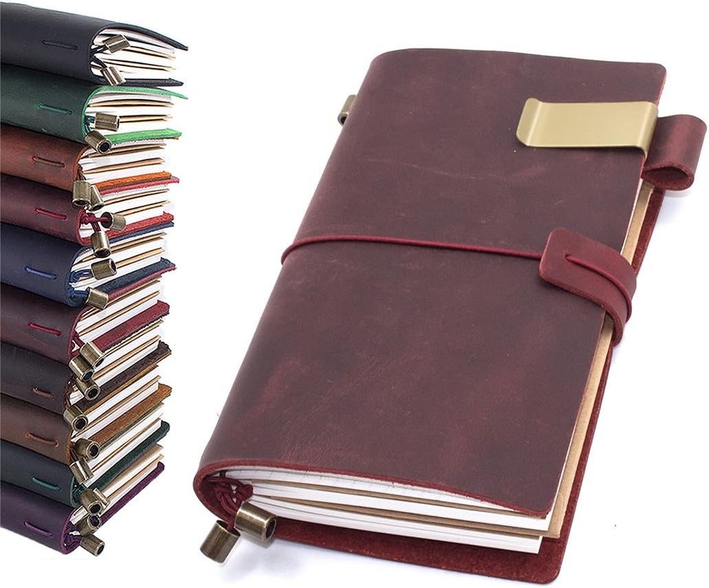 Leather Journal, Handmade Vintage Refillable Travel Diary Writing Notebook Gift for Men & Women 7"x4" Red