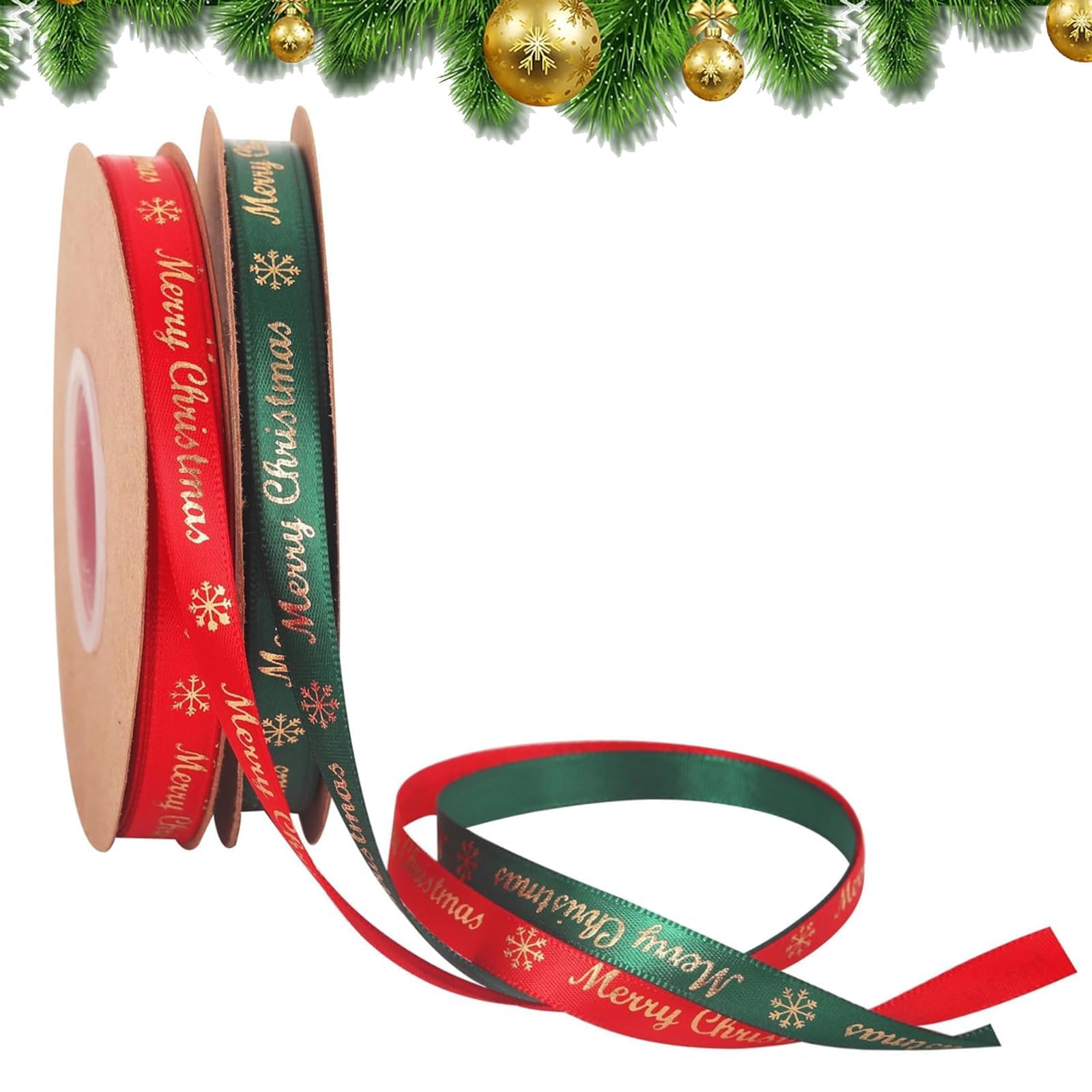 2 Rolls X 45 M Christmas Ribbon - Green & Red for Gift Wrapping, DIY Decoration & Crafts