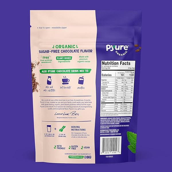 PYURE ORGANIC SUGAR FREE CHOCOLATE DRINK MIX | LOW CARB CHOCOLATE MILK POWDER WITH COCOA | KETO, VEGAN, GLUTEN-FREE, PLANT-BASED | 1 NET CARB, ZERO SUGAR, NON-GMO, USDA ORGANIC | 7.23 OZ
