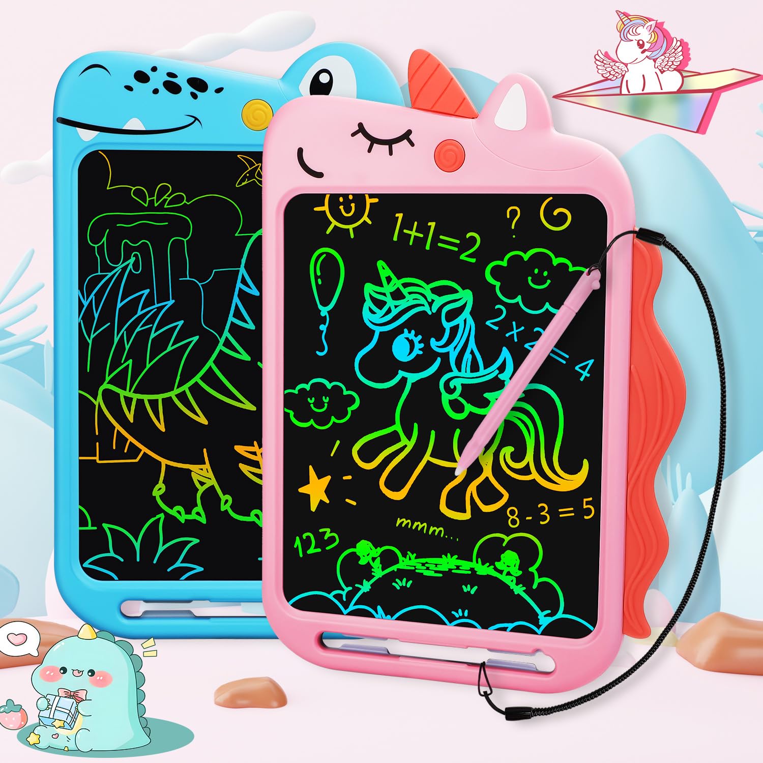 Fullware Kids Writing Board LCD Tablet 10 Inch Unicorn Colorful Drawing Educational Toddler Toys Gifts for Boys Girls Age 2 3 4 5 6 7 8 (Unicorn+T-Rex)