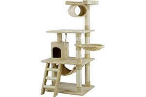 Go Pet Club Classic Cat Tree, Faux Fur Finish, Sisal Rope Scratcher, 62"H, Beige