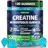 TOPCAPAK Creatine Monohydrate Gummies for Men & Women - Blueberry Flavor, Raspberry-Shaped - Chewable Creatine Gummy with Taurine & Vitamin B12, 5g Creatine per Serving, 120 Gummies