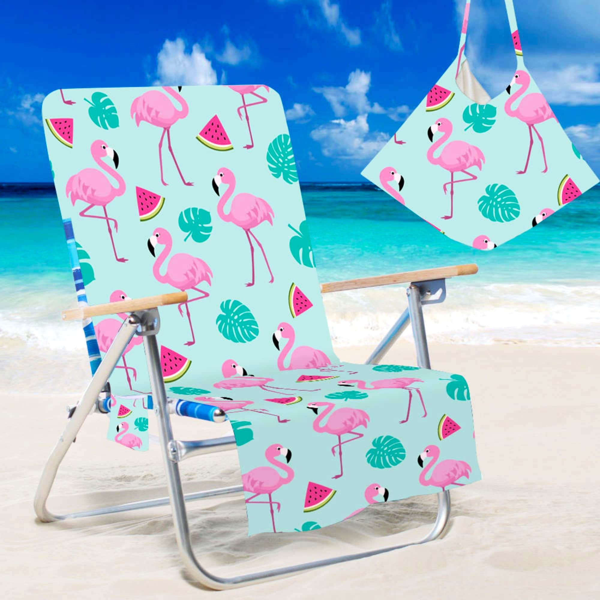 SusggO Folding Beach Chair Towel 150 x 73 cm 240 gsm – Anti-Sand Towel – Large Adjustable Beach Chair – Microfibre Towel Quick Dry Absorbent Pool (Flamencos)