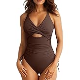 Aleumdr Women's Ribbed One Piece Swimsuit Tummy Control High Cut Bathing Suit Sexy V Neck Criss Cross Monikini
