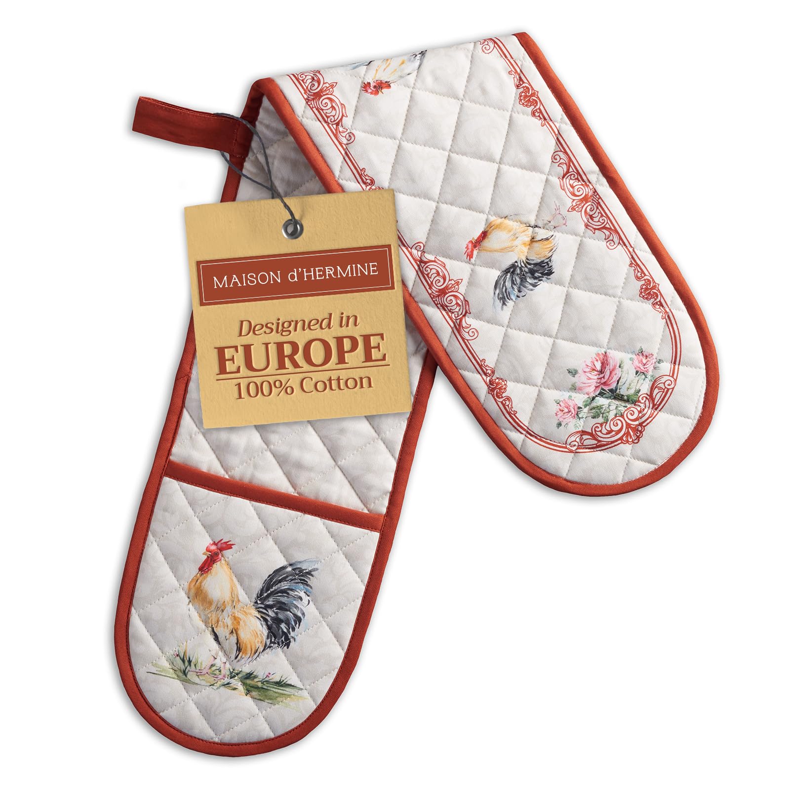 Maison d' Hermine Double Oven Mitts 100% Cotton 18 cm x 89 cm Double Oven Mitt Heat Resistant BBQ Cooking Gloves with Loop Baking Grilling Handling Hot Pans Easter Decorations (Campagne)