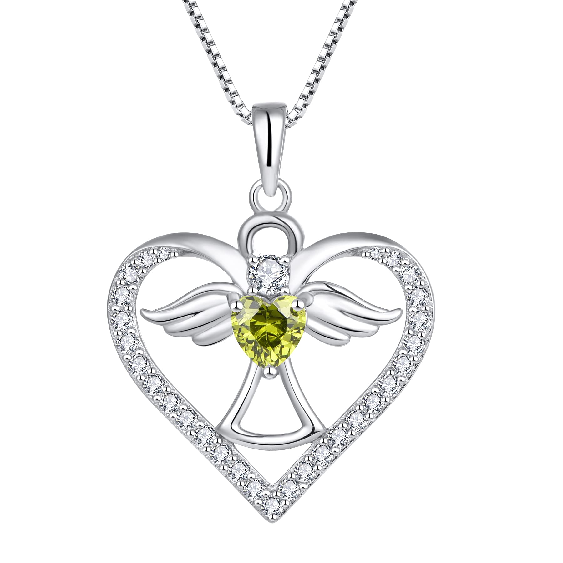FJ Guardian Angel Necklace 925 Sterling Silver Heart Angel Wings Pendant August Birthstone Necklace Peridot Jewellery for Women