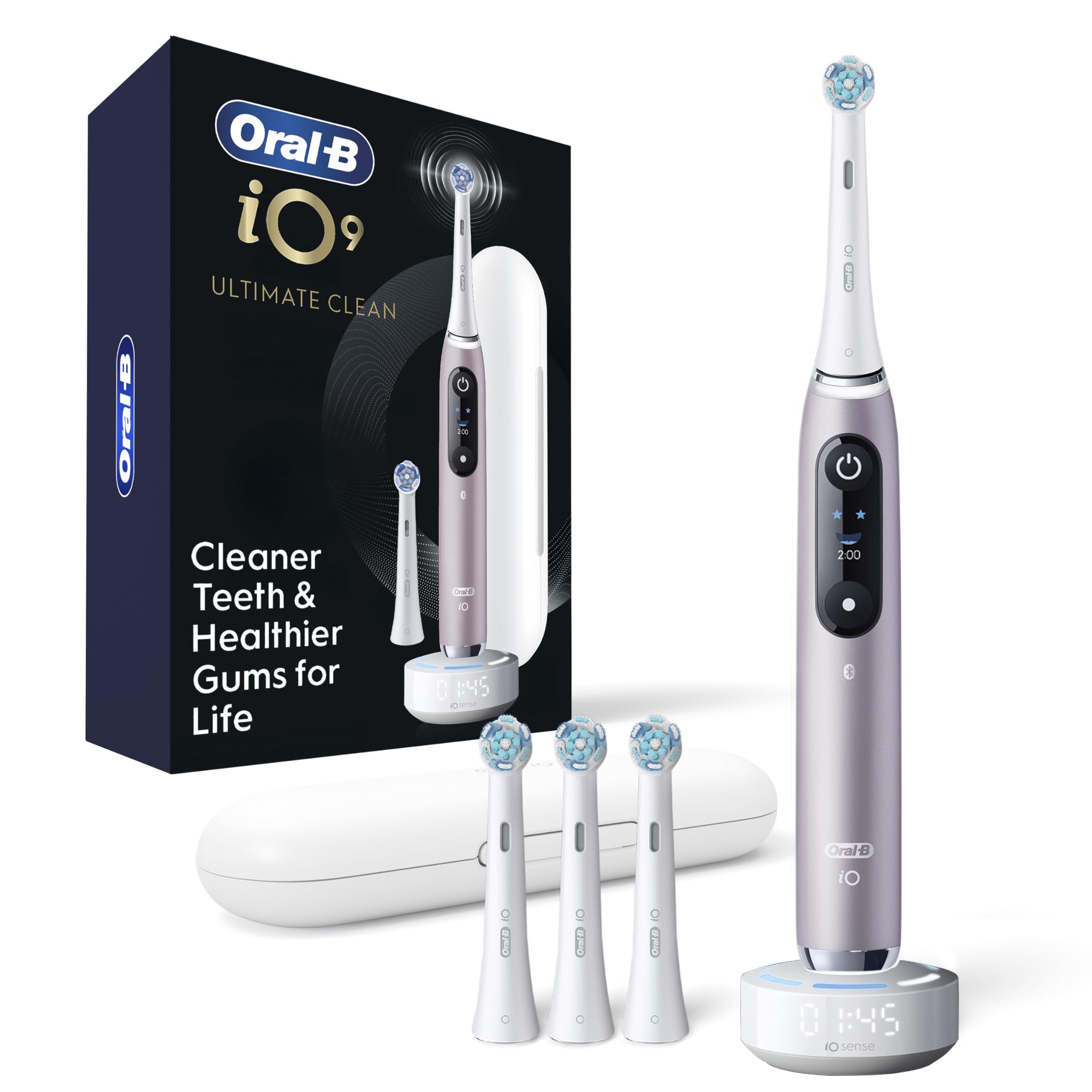 Photo 1 of Oral-B iO Series 9 Limited Rechargeable Rose Quartz Electric Toothbrush with (2) Ultimate Clean and (1) Gentle Care Replacement Brush Heads, White, Travel Case-White and Charger