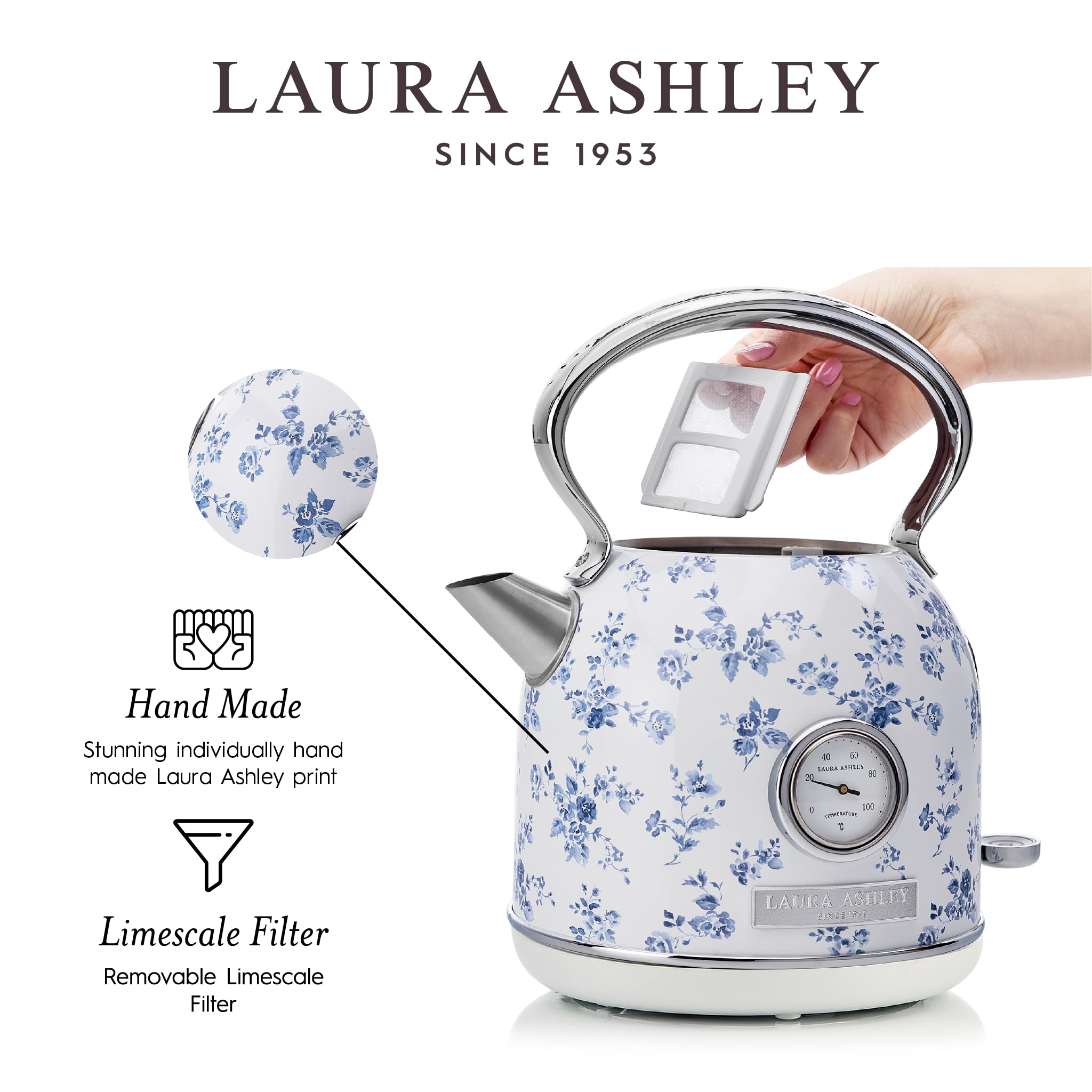 Laura Ashley Hervidor eléctrico de acero inoxidable de 1,7 litros - Hervidores eléctricos de ebullición rápida de 1500 W para hervir agua - Hervidores de té eléctricos con apagado automático - Protección contra sobrecalentamiento y ebullición en seco Hervidor inalámbrico