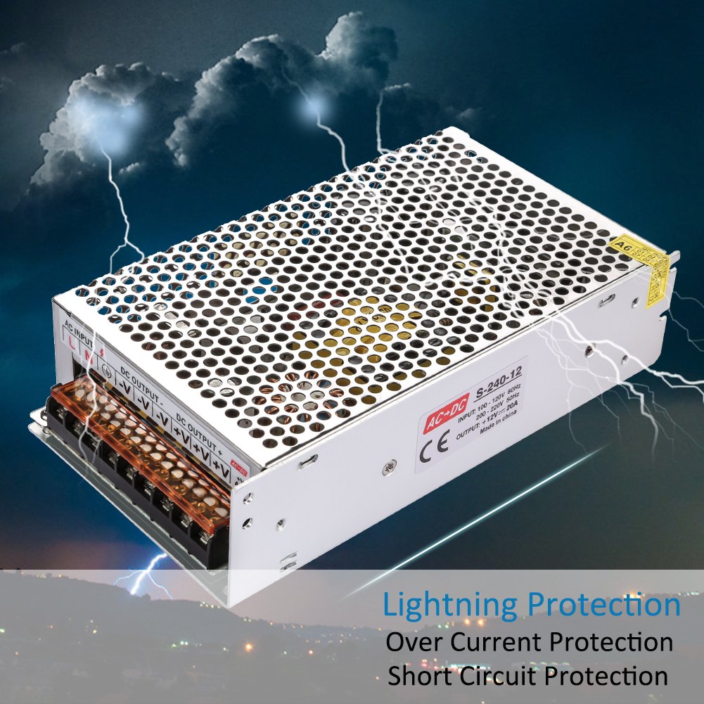 LEDMO Switching Converter, Power Supply Adapter Transformer for LED Strip Light, AC 100V/240V to DC 12V 20A 240W LED Strip Light Power Supply Switching Mode Converter