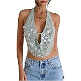 MakeMeChic Women's Y2k Party Sequin Sparkly Halter Crop Tops Draped Open Back Tank