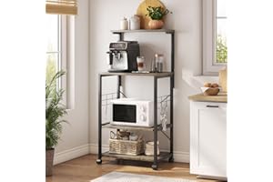 Bestier Bakers Rack, 4-Tier Microwave Stand Coffee Bar Table on Wheels, Utility Storage Rack with Sliding Shelf & 10 Side Hooks for Kitchen, Living Room, Dining Room, Gray
