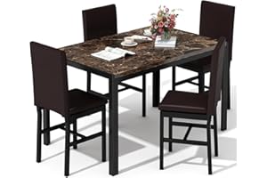 Recaceik Dining Table Set for 4, Kitchen Table and Chairs for 4, Faux Marble Dinner Table Set with 4 Upholstered PU Leather Chairs, Dining Room Table Set for Kitchen Dining Room (Brown)