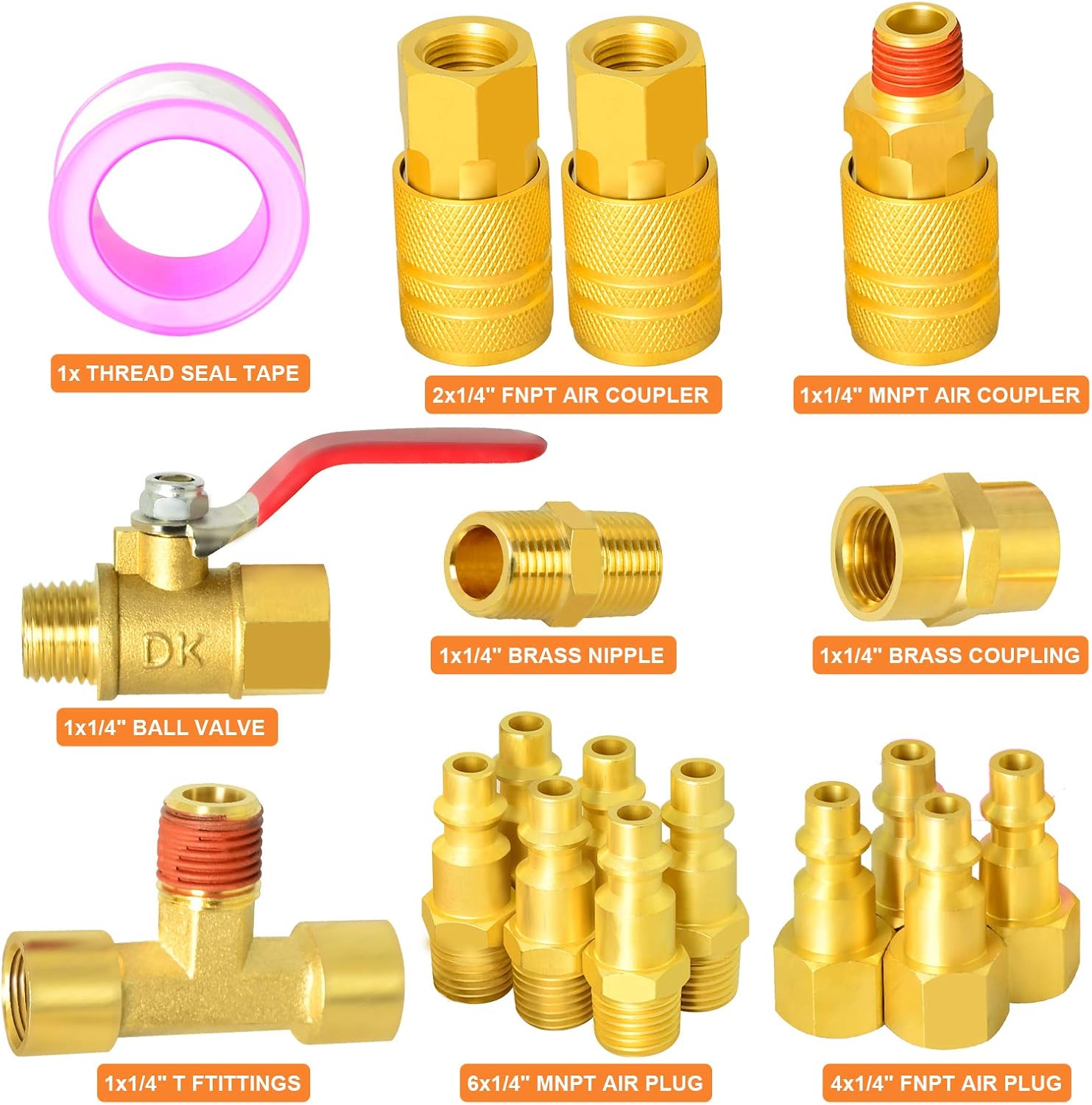 Gasher 19 Pieces Air Coupler and Plug Kit, Solid Brass Quick Connector Set 1/4-Inch NPT Air Hose Fittings, Air Plug, Air Coupler, Ball valve and Tee Pipe Fitting with Storage Case - - 