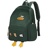HuiLeo Cute Dcuk Backpack for Teens Girls Women, Kawaii Funny Aesthetic Corduroy Bookbag for High Middle School, Green