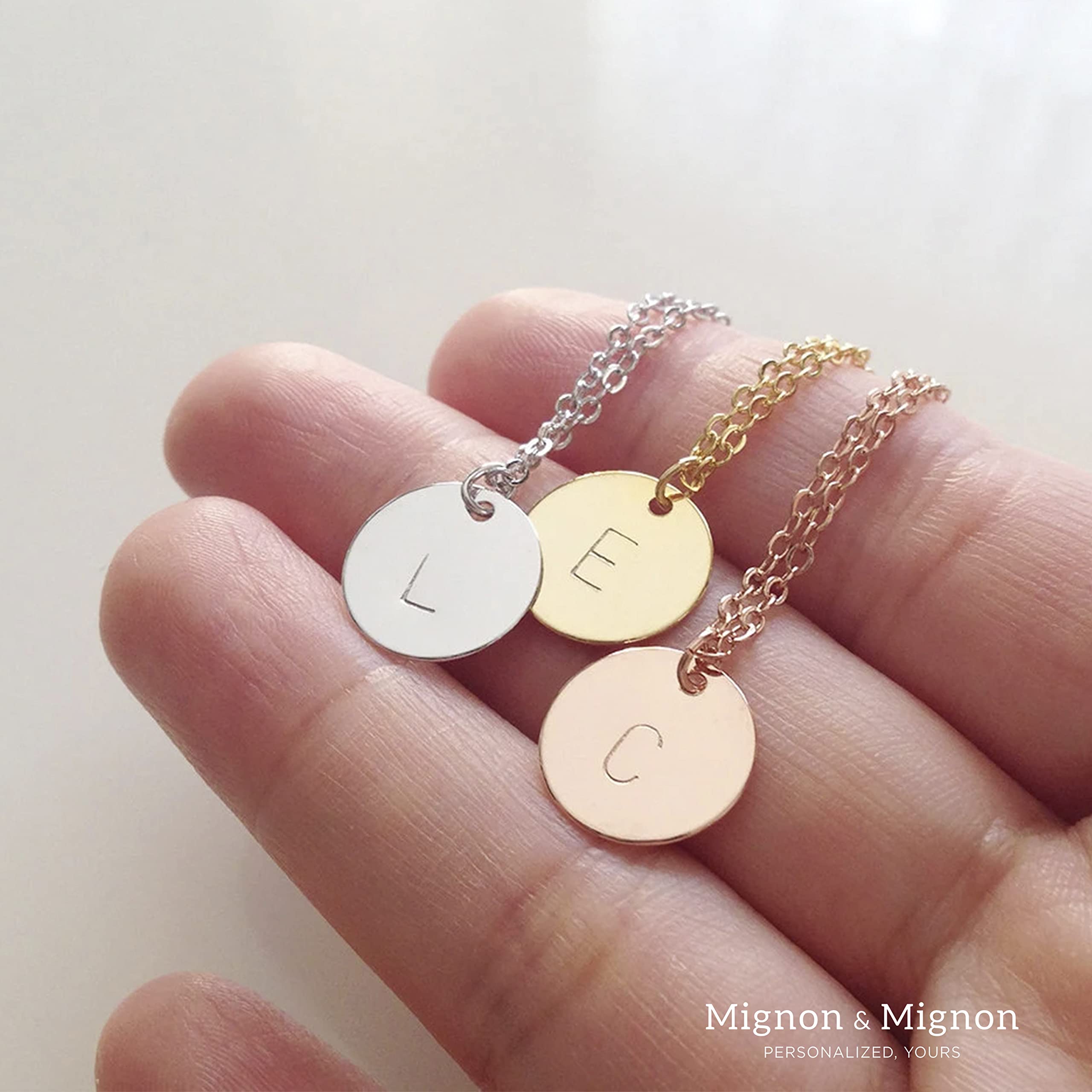 MignonandMignon Delicate Initial Disc Mothers Day Jewelry Gift Rose Gold, Silver Necklaces for Women Best Friend Personalized Bridesmaids Dainty Custom Charm Pendant - CN