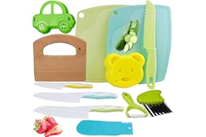KOLODOGO 14 PCS Wooden Kids Kitchen Knife Set for Real Cooking, Include Wood Kids Knife Plastic Potato Slicers Serrated Edges Plastic Children's Safe Knifes Cake Scraper Kids Cute Cutting Board