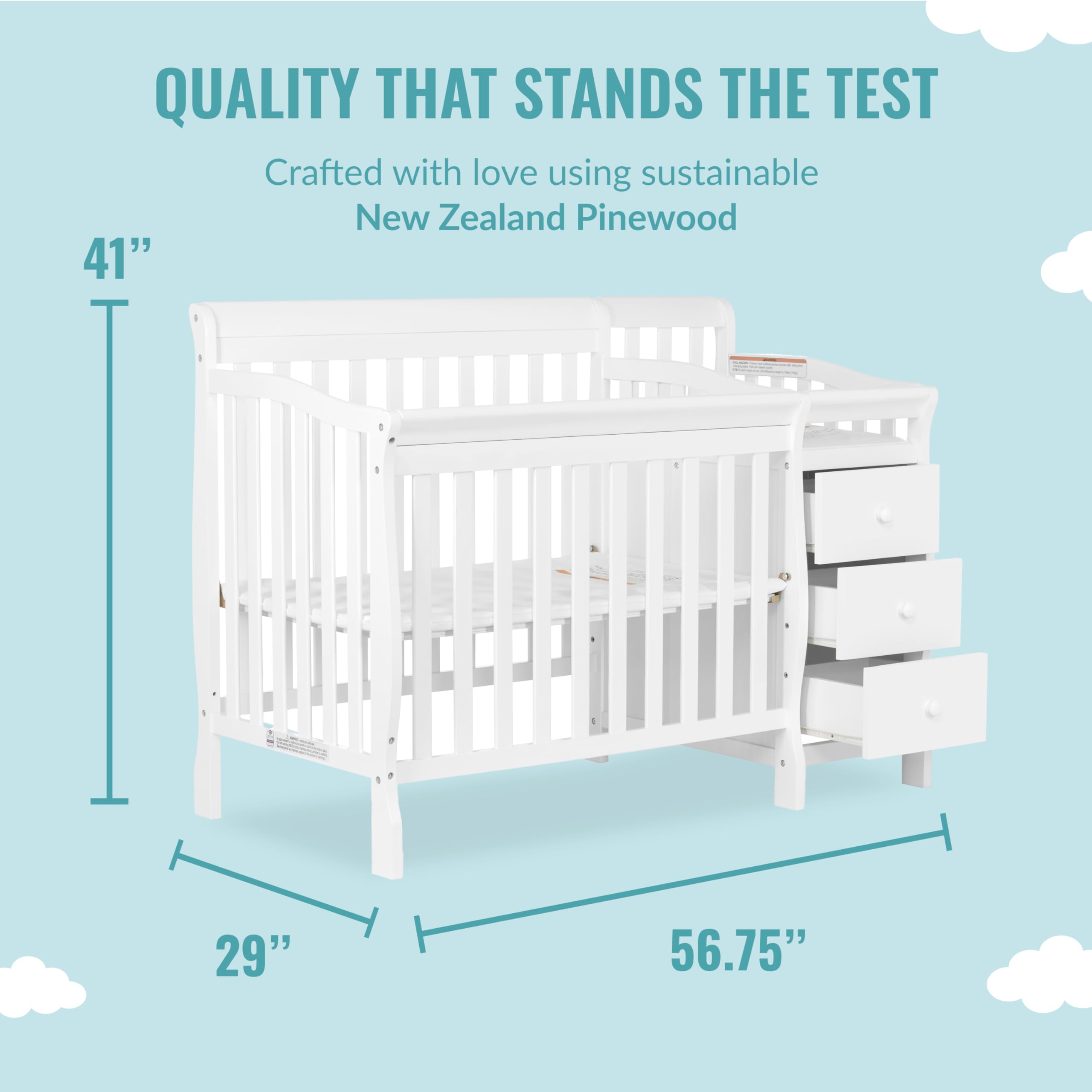Dream On Me Jayden 4‑in‑1 Mini Convertible Baby Crib & Changer with Storage in White, Pinewood, GreenGuard Gold & JPMA, 1” Mattress Pad, 3 Mattress Heights, Converts to Mini Day & Twin-Size Bed