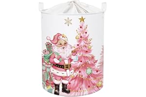 HUUMONSS Pink Santa Claus Baby Laundry Hamper Christmas Clothes Kids Storage Basket Large Poinsettia Reindeer Sleigh Snowflake Girls Gift Toy Box Bin, Tree, 63L