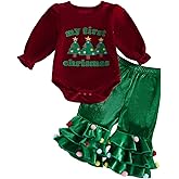 Nsdoiouw Baby Girl My First Christmas Outfit Velvet Long Sleeve Romper Flared Pants Pompom Bell Bottom 2pcs Clothes Set