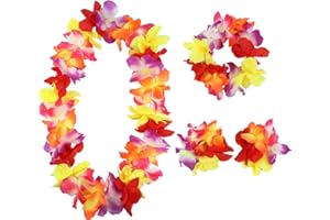 Aacehlh Hawaiian Leis Set,Hawaiian Luau Flower Leis Necklace Headband Bracelets Set,Essential Party Decorations for Birthday, Graduation, and Wedding Celebrations (Colorful)